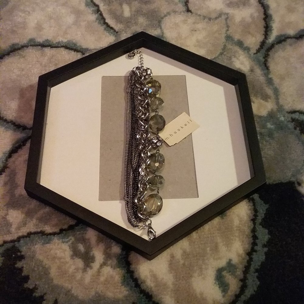 M. Haskell Silver, Gray Bead, Rinestone and Chains Bracelet